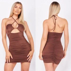 Brown Sleeveless Halter Neck Cutout Ruched Open Back Bodycon Mini Dress